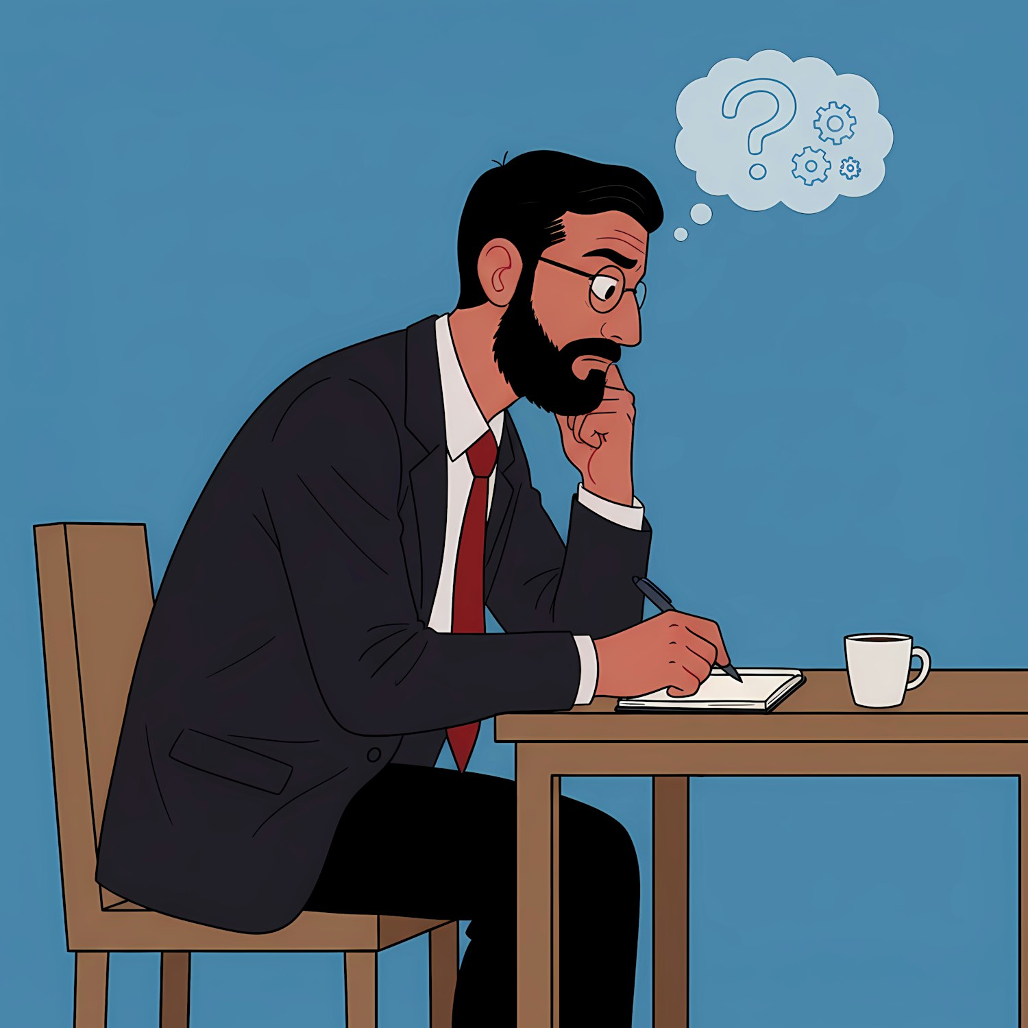 A writer at a desk, surrounded by thought bubbles containing quirky or illogical ideas, representing creative brainstorming for absurdist comedy.