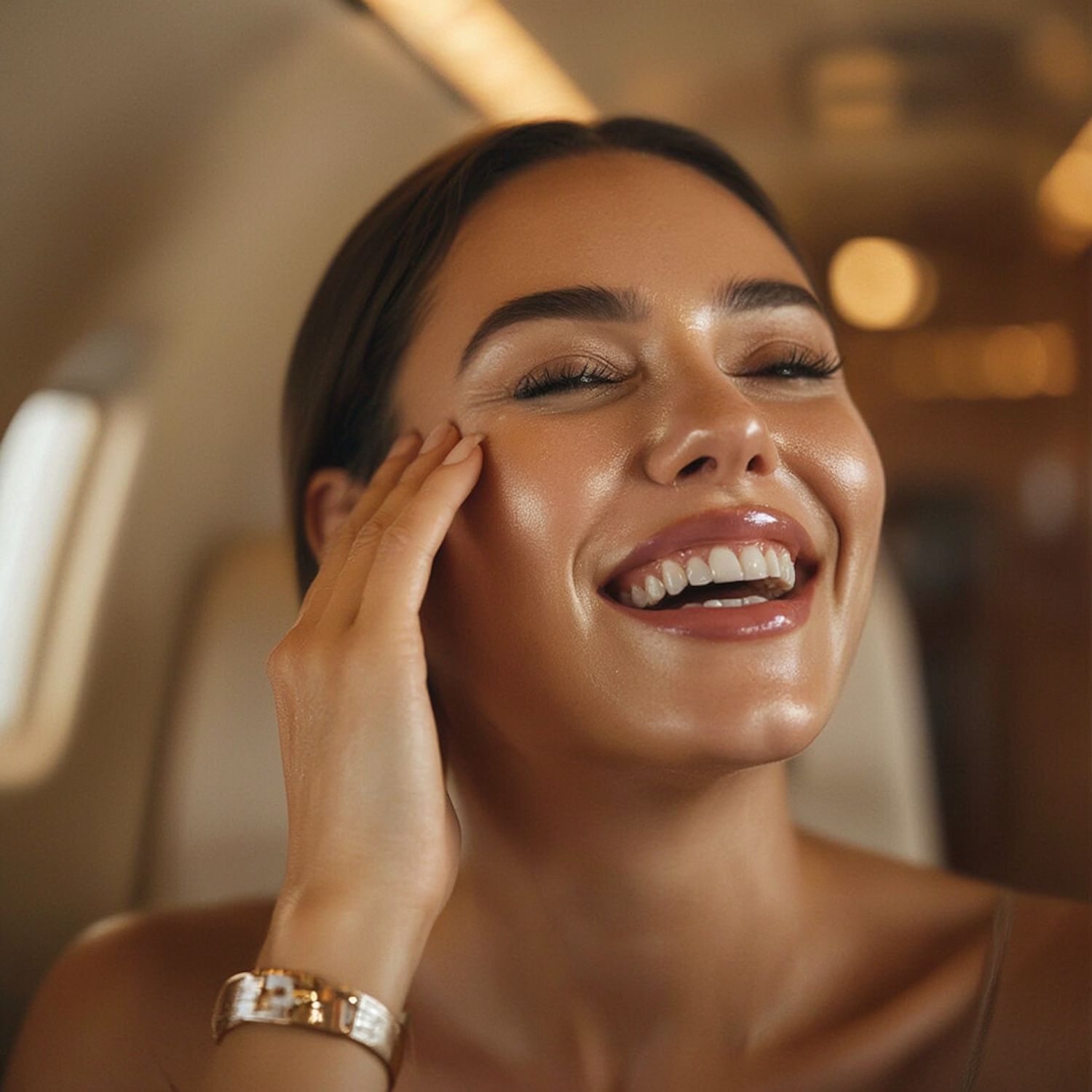 A woman with a subtle, knowing smile, embodying the power of deadpan delivery where humor lies in understated reactions to absurdity.