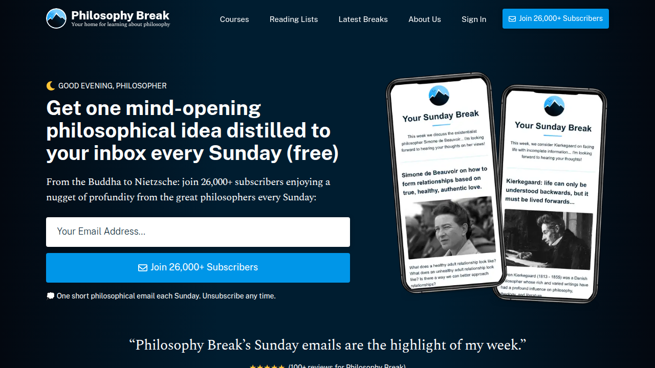 A screenshot of the PhilosophyBreak website, relevant to the philosophical discussion of absurdity in 'Eat Pray Love'.