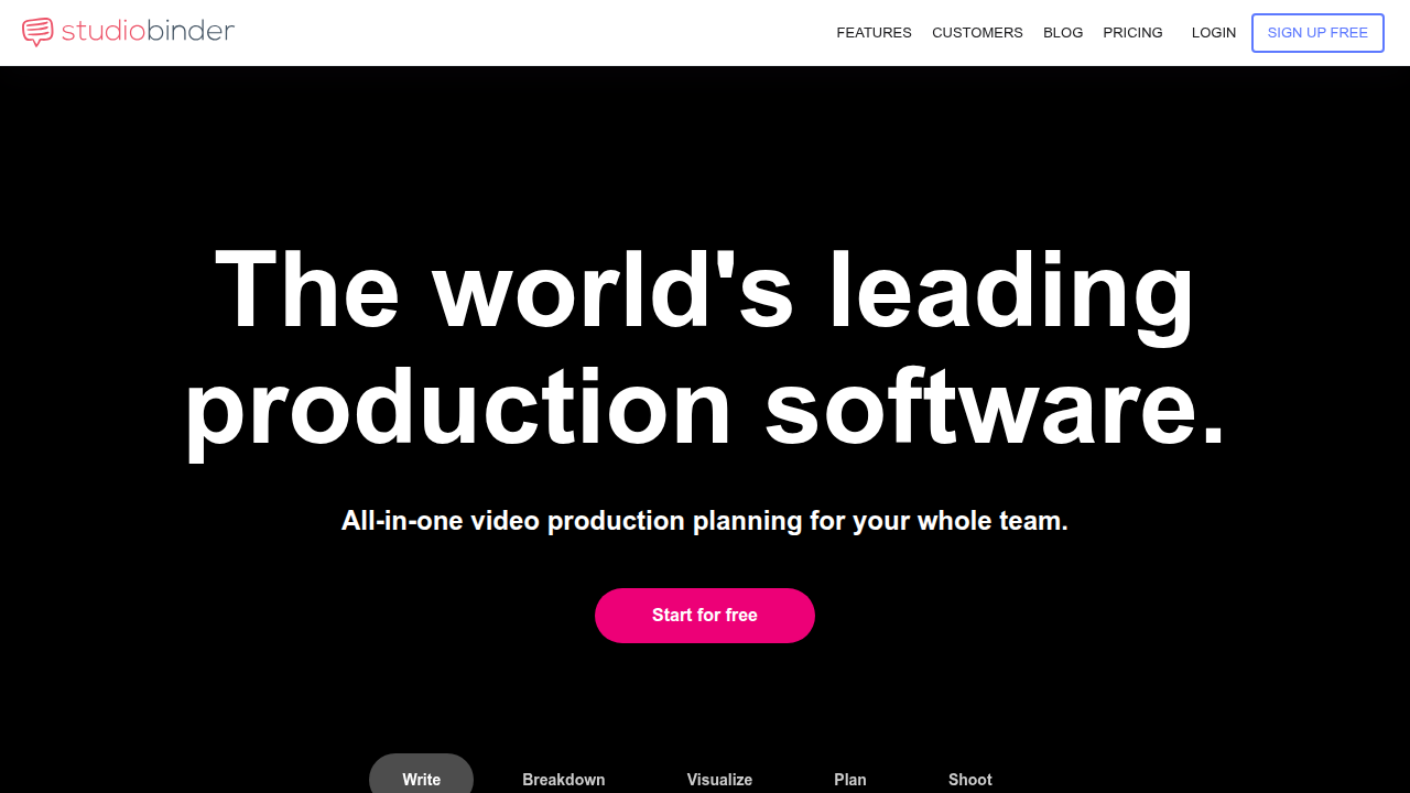 A screenshot of the StudioBinder homepage, a resource for screenwriters and creators learning comedy writing techniques.