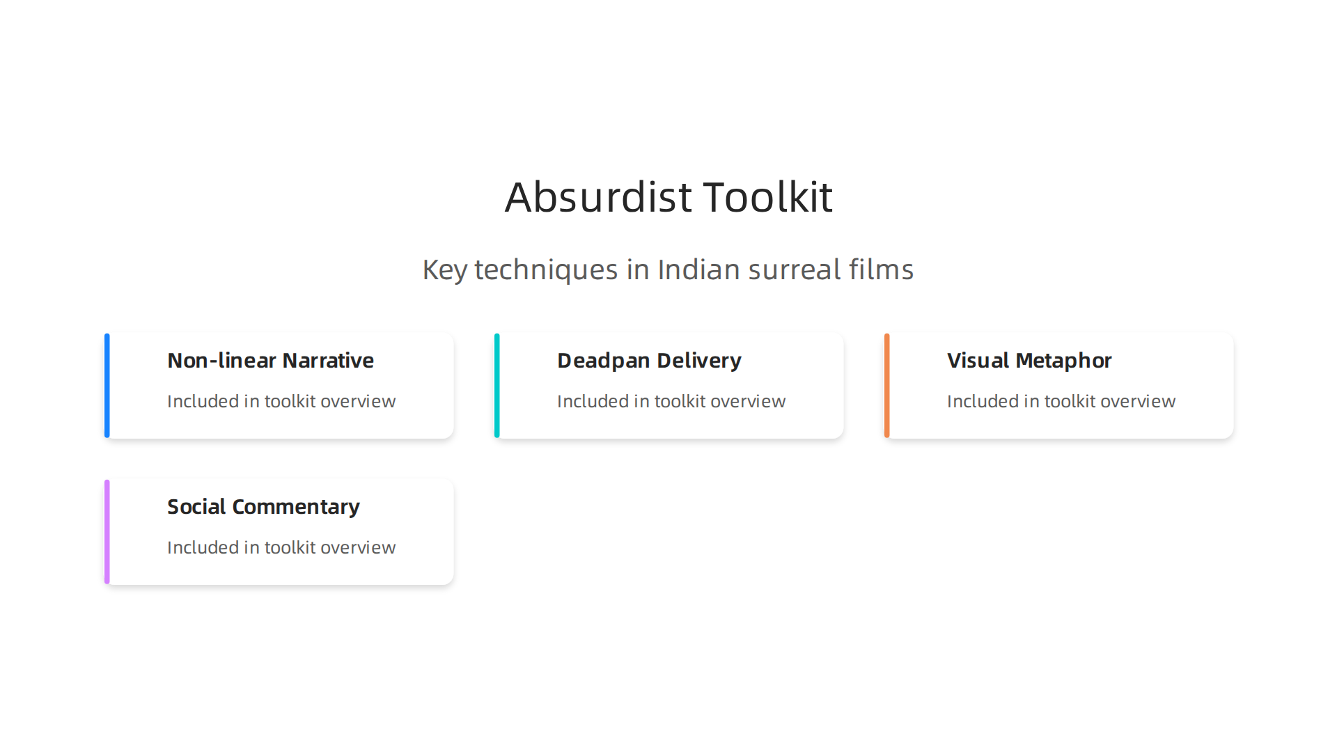 An overview of key techniques employed by Indian surreal filmmakers, including non-linear narratives, deadpan delivery, visual metaphor, and social commentary.