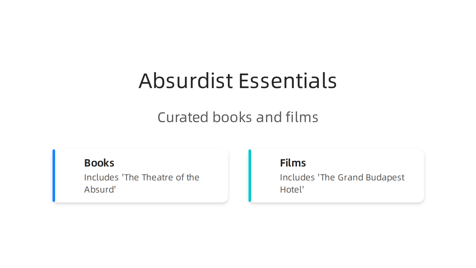 A curated infographic presenting essential books like 'The Theatre of the Absurd' and key films such as 'The Grand Budapest Hotel' that define the genre of absurdist humor.