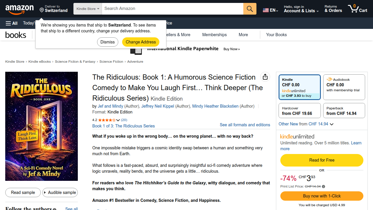 A screenshot of the Amazon product page for 'Ridiculous' Book 1, a specific example of a fictional work mentioned in the article that embodies absurdist humor.