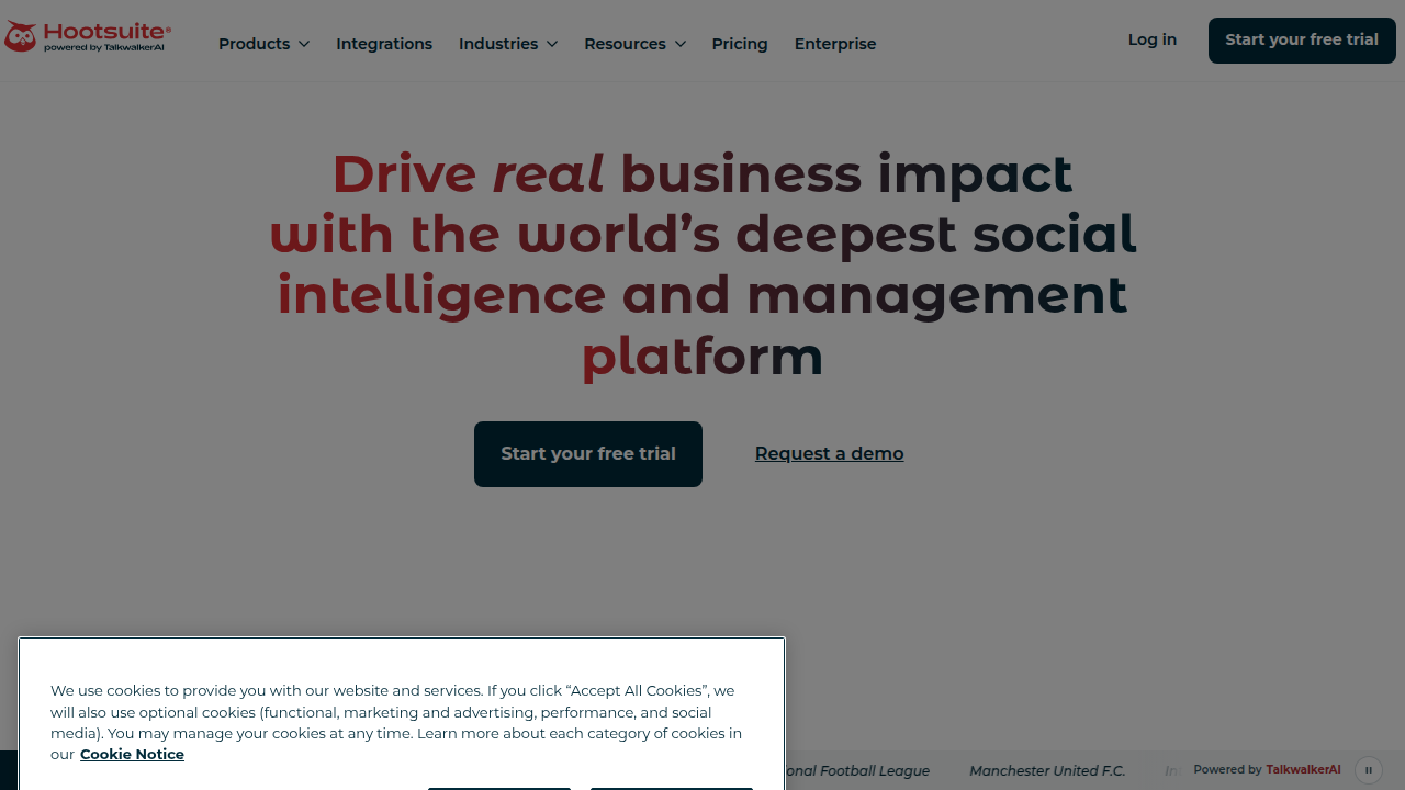 The Hootsuite homepage, a leading social media management platform, reflecting its role in publishing social media trends reports.