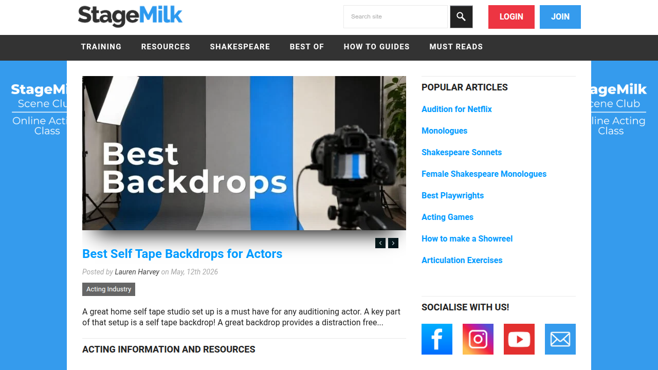 The StageMilk website, offering resources and advice for aspiring actors and those interested in comedic performance.