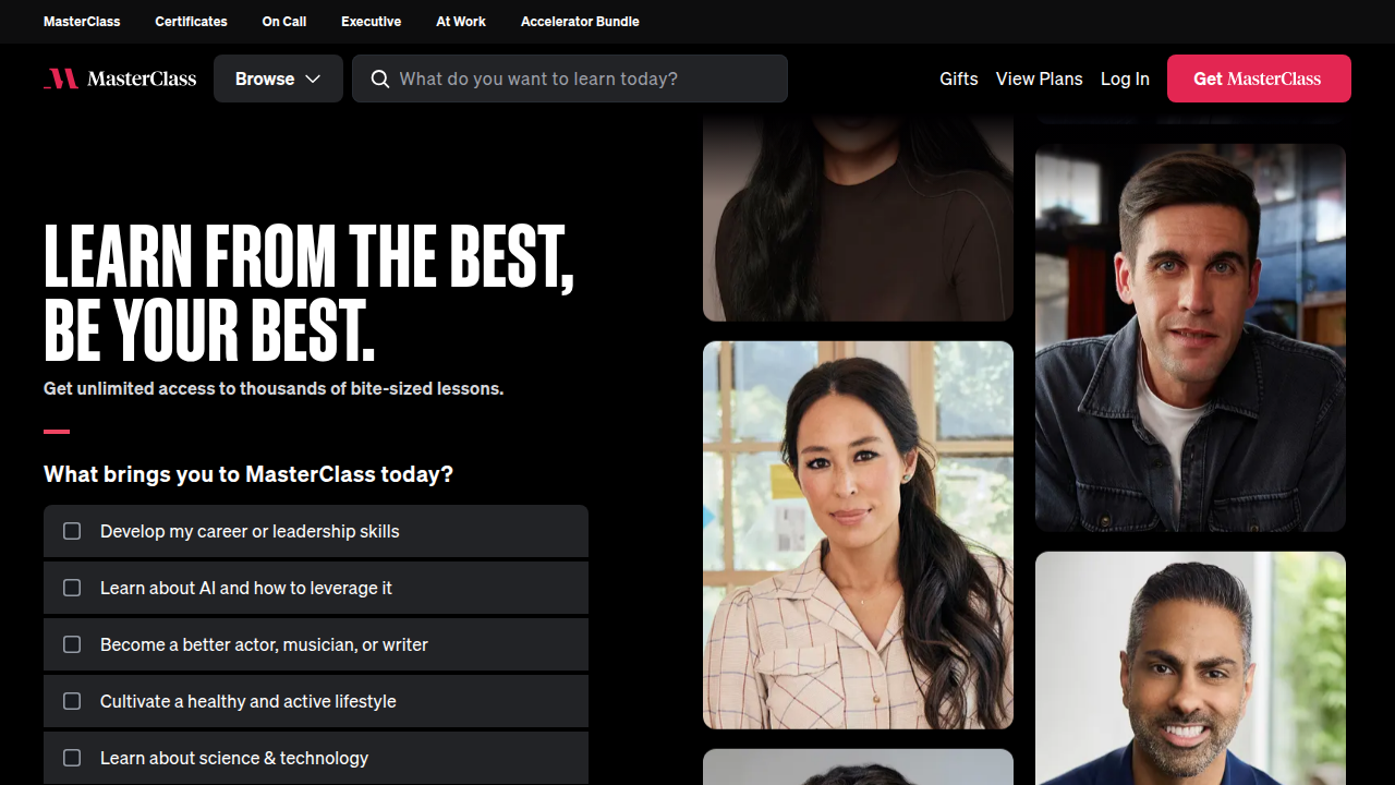 The MasterClass website, offering lessons from experts like Judd Apatow on topics such as comedy and casting.