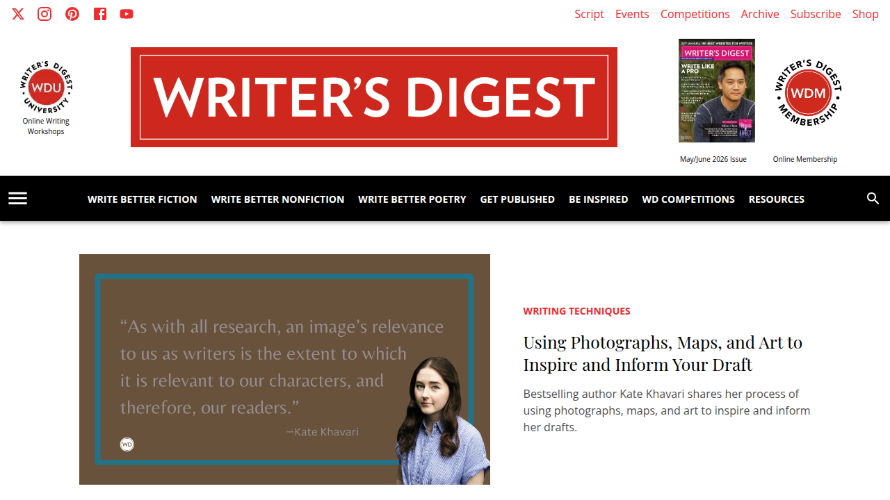 A screenshot of the Writer's Digest website homepage, a popular resource for writers and aspiring comedians.